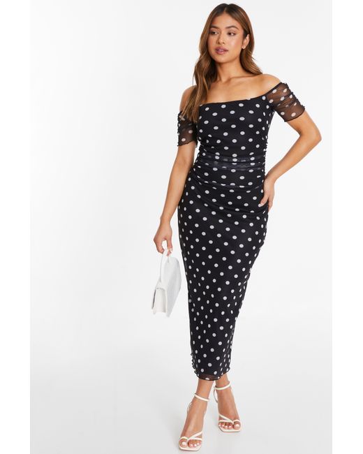 Quiz Blue Petite Polka Dot Bardot Midaxi Dress