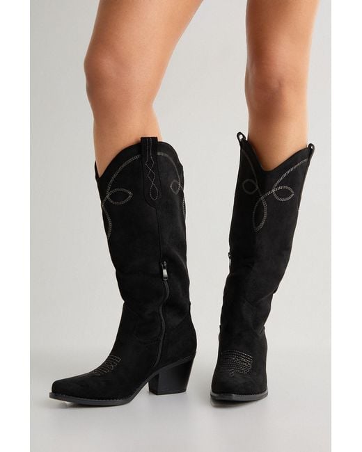 Boohoo Black Faux Suede Tab Detail Knee High Western Boots
