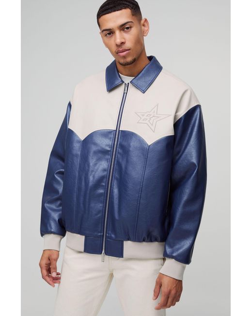 BoohooMAN Blue Oversized Western Panelled Collared Bomber Jacket for men
