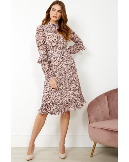 Sosandar Brown Pale Leopard Print Fit & Flare Ruffle Dress