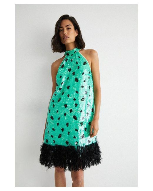 Warehouse Green Halter Neck Feather Trim Sequin Mini Dress