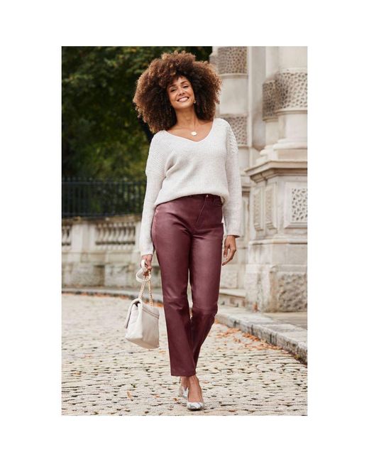 Sosandar Red Wine Leather Straight Leg Trousers