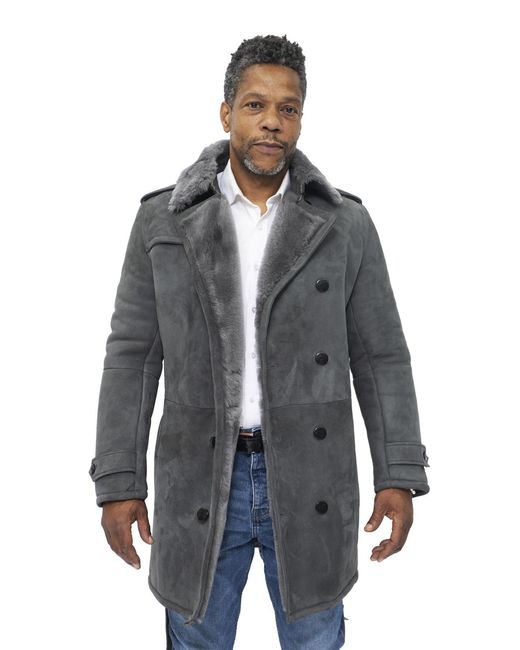 Infinity Leather Gray Shearling Sheepskin Suede Pea Coat-Cali for men