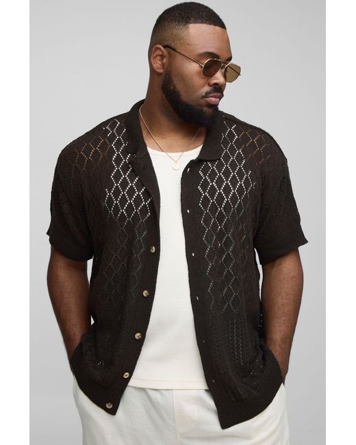 BoohooMAN Black Plus Open Stitch Crochet Relaxed Polo Shirt for men