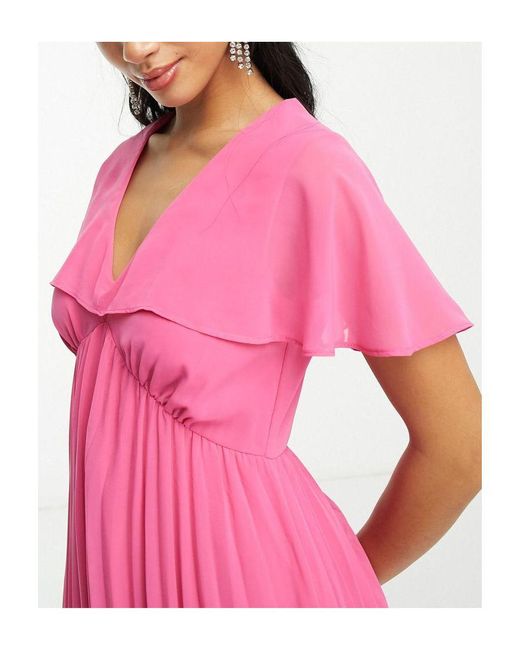 ASOS Pink Design Angel Cape Sleeve Pleated Hem Maxi Dress