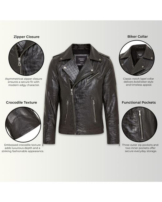 Infinity Leather Black Cow Alligator Print Embossed Biker Jacket for men