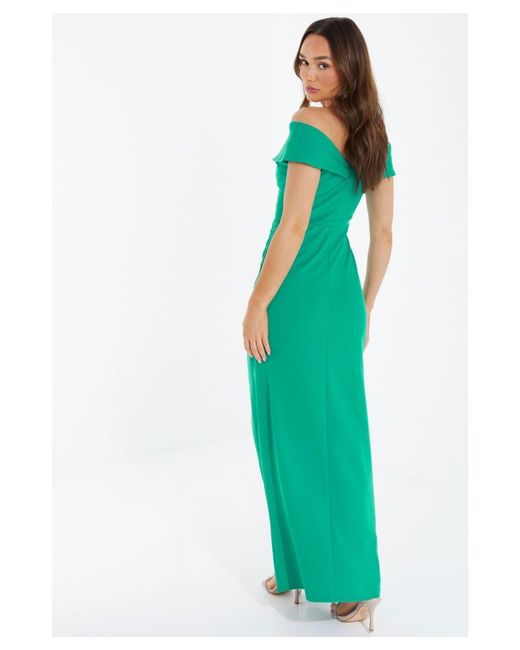 Quiz Green Ruched Bardot Maxi Dress