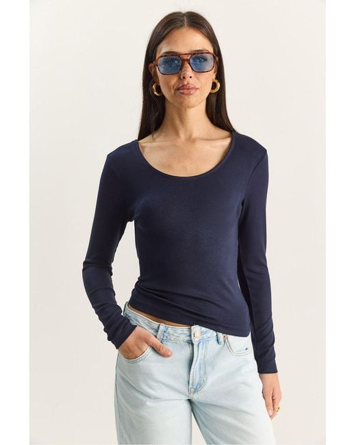 Bianco Lucci Blue Slim Fit U Collar Knitted Blouse