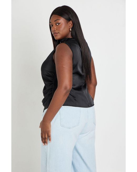 Boohoo Black Plus Satin Drape Ruched Side Top