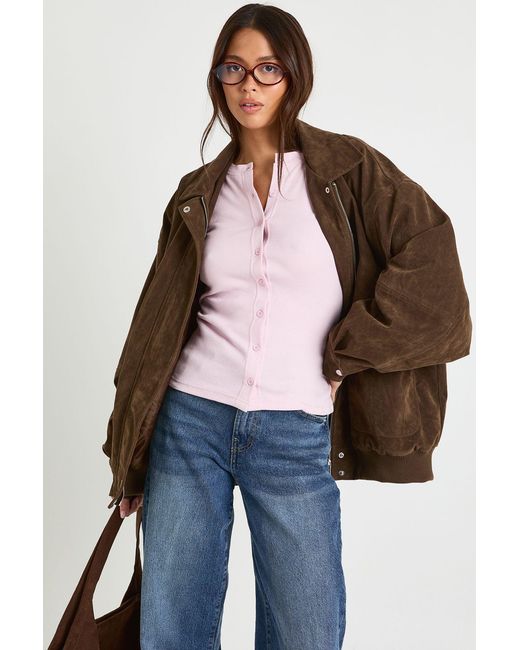 Boohoo Pink Rib Button Through Long Sleeve Top