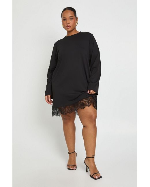 Boohoo Black Plus Long Sleeve Lace Hem T-Shirt Dress