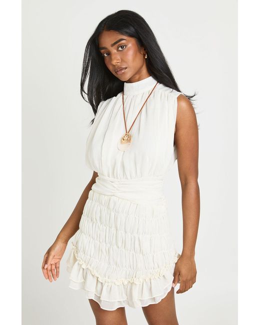 Boohoo White Textured Chiffon High Neck Drop Hem Mini Dress