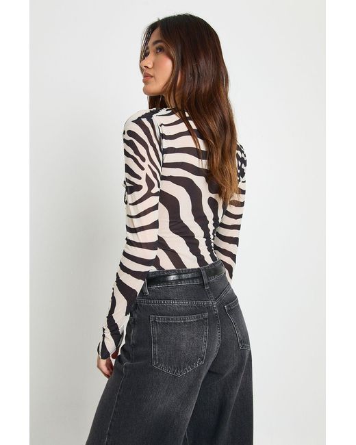 Boohoo Multicolor Zebra Mesh Flare Sleeve Cross Over Bodysuit