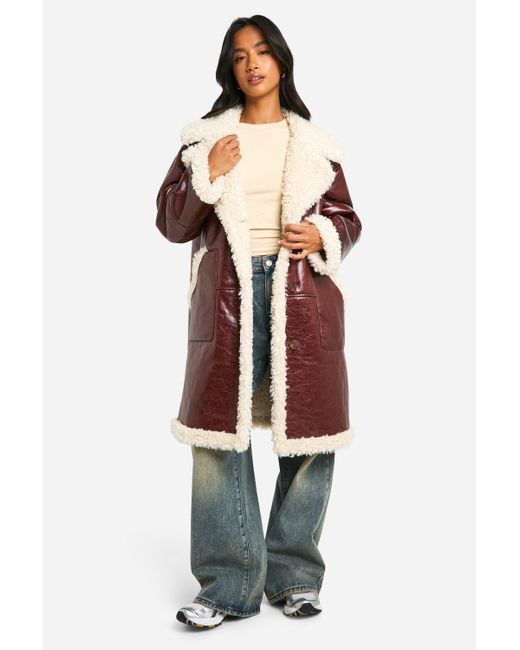 Boohoo Red Petite Faux Leather Teddy Trim Longline Aviator Jacket