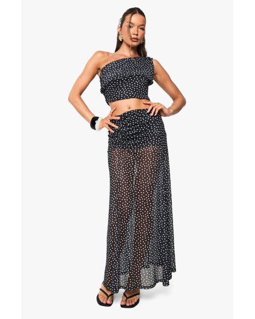 Boohoo Black Polka Dot Mesh Ruched Maxi Skirt