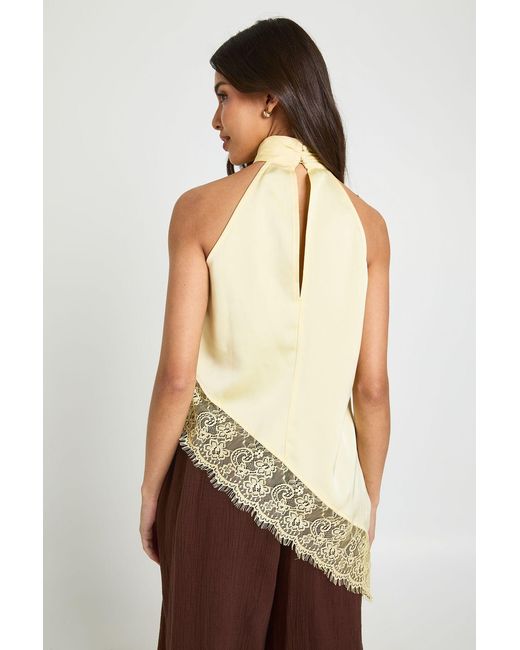 Boohoo Yellow Satin High Neck Lace Trim Top