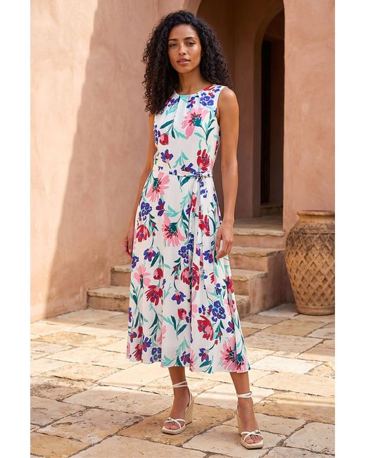 Roman Brown Pleat Neck Floral Midi Dress