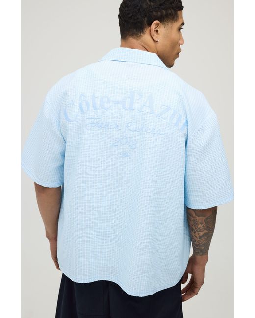 BoohooMAN Blue Oversized French Riviera Embroidered Seersucker Half Sleeve Shirt for men