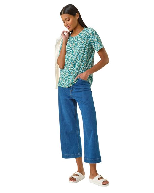 Roman Blue Ikat Print Stretch T-Shirt