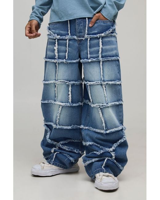 BoohooMAN Blue Extreme Patchwork Baggy Fit Jeans for men