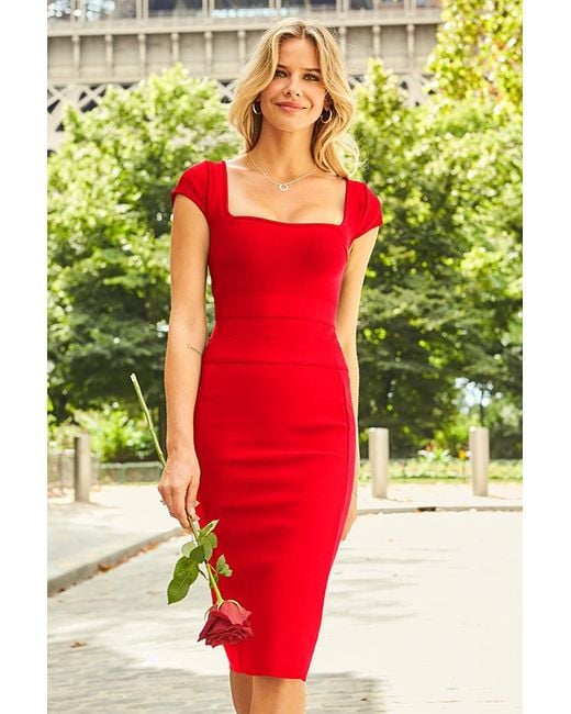 Sosandar Red Deep Premium Body-Sculpting Square Neck Bandage Jersey Dress