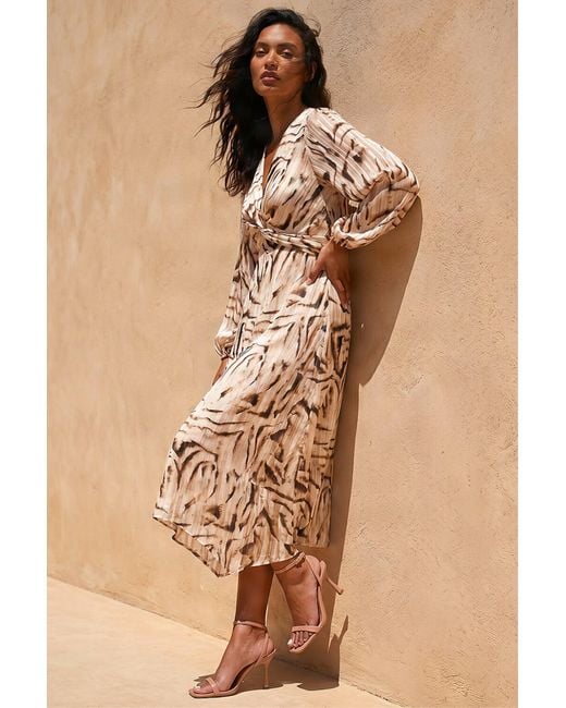 Roman Natural Zebra Print Twist Front Midi Dress