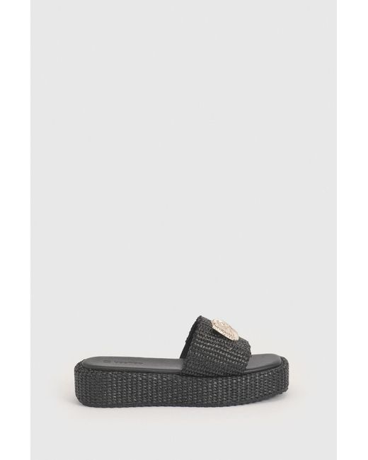 Boohoo Black Shell Trim Detail Raffia Flatform Sandals