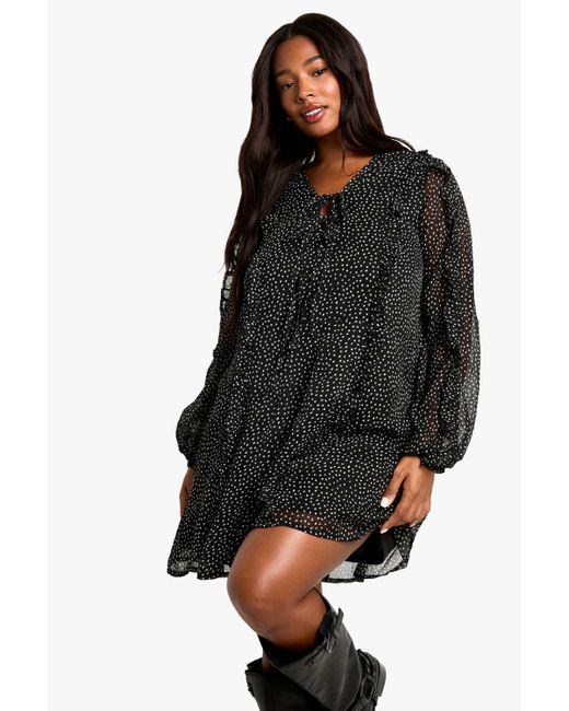 Boohoo Black Plus Chiffon Polka Dot Smock Dress