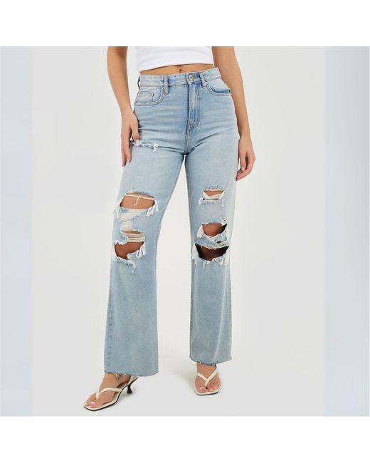 Brave Soul Blue High Waisted Wide Leg Distresed Jean