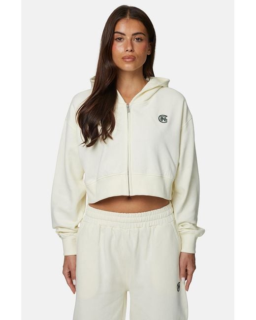 Good For Nothing White Cropped Zip Hoodie With Monogram