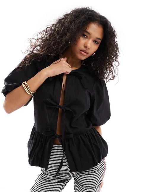 ASOS Black Cotton Puff Sleeve Peplum Top