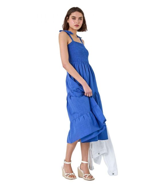 Roman Blue Shirred Tie Cotton Tiered Midi Dress