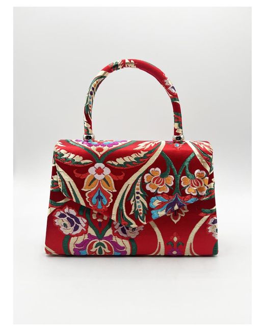 SVNX Red Satin Embroidered Top Handle Bag