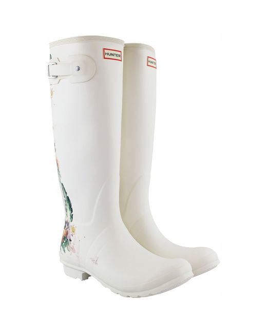 Hunter White Tall Botanical Back Wellington Boots Rubber