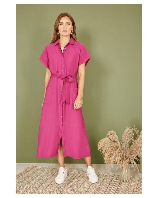 Yumi' Pink Viscose Relaxed Midi Shirt Dress With Pockets