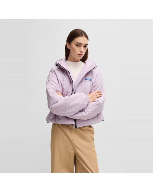 HUGO Purple Freya Hooded Neck Solid Patterned Puffer Jacket