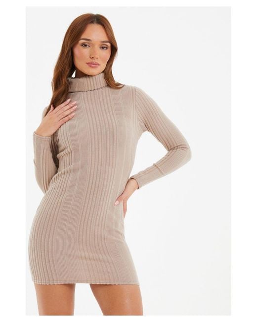 Quiz Natural Knitted High Neck Bodycon Mini Dress