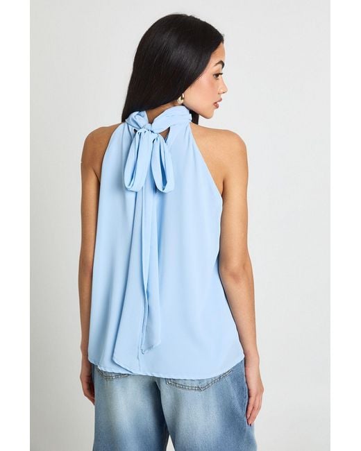Boohoo Blue Chiffon High Neck Keyhole Blouse