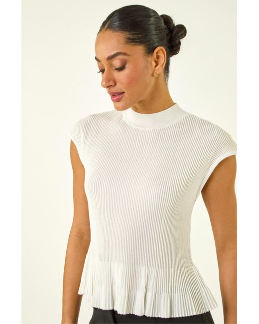 Roman White Crinkle Knit Peplum Top