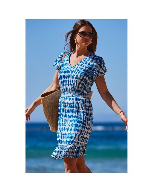 Sosandar Blue Tie Dye Print Stretch Waist Crinkle Dress