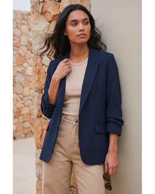 Roman Blue Ruched 3/4 Sleeve Blazer Jacket