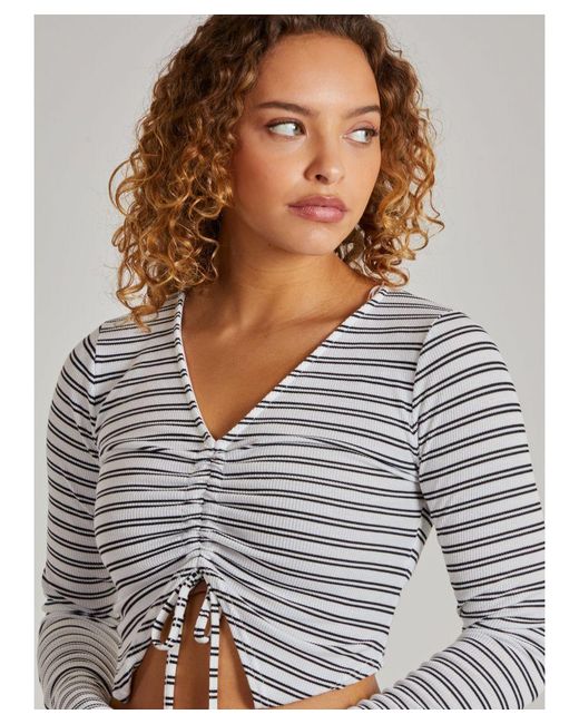 Pink Vanilla Gray Striped Tie Front Ribbed Crop Top