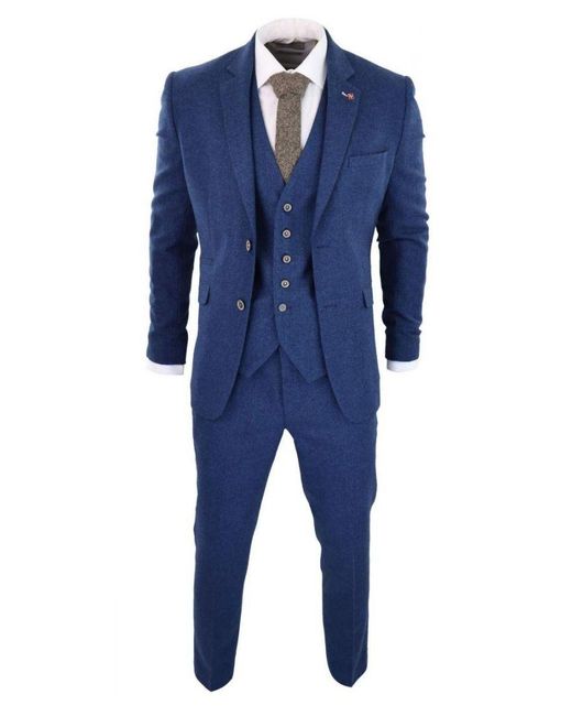 Infinity Leather Blue 3 Piece Tweed Wool Twill Vintage Classic Suit for men