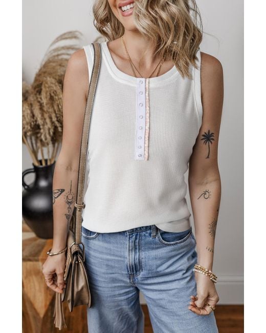 Azura Exchange Witte Effen Kleur Wafelstructuur Halve Knopen Tanktop in het White