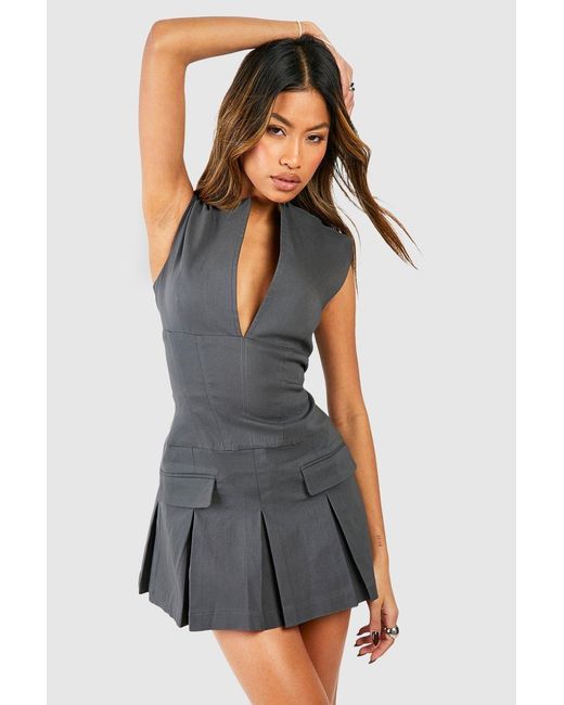 Boohoo Black Tailored Notch Neck Pleated Mini Dress