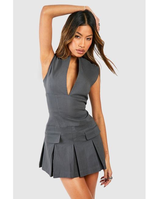 Boohoo Black Tailored Notch Neck Pleated Mini Dress