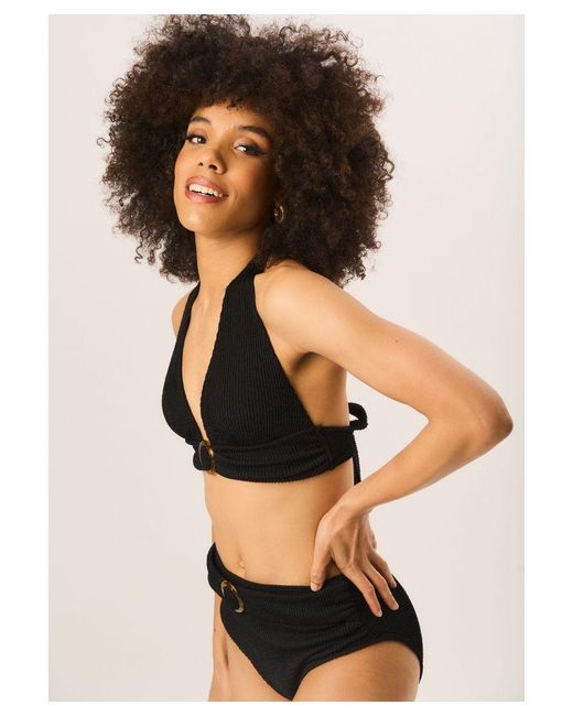 Gini London Black Textured High Waisted Bottoms With Ring Belt Detail