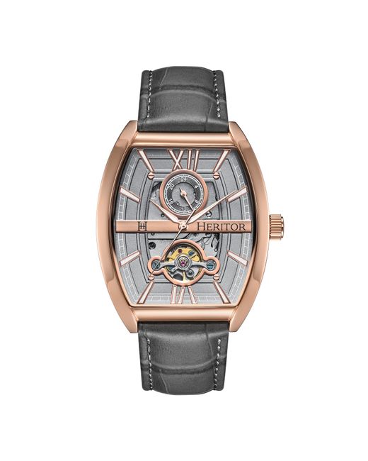Heritor Metallic Masterson Semi-Skeleton Leather-Band Watch for men