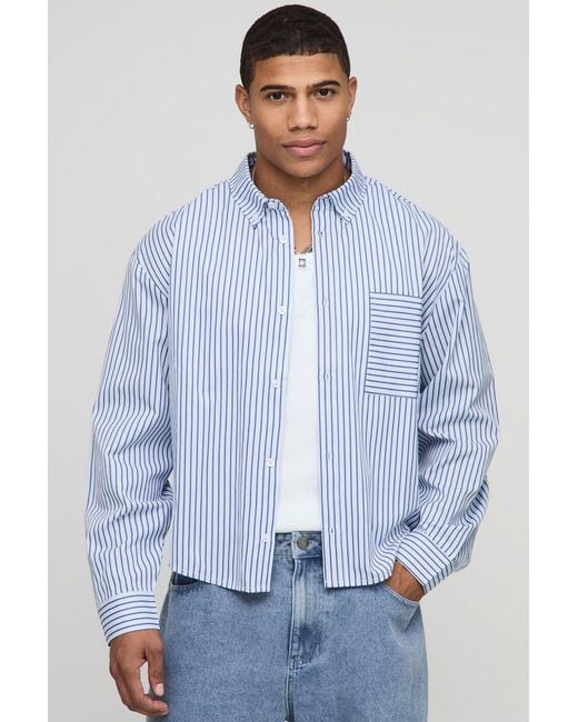 BoohooMAN Blue Oversized Boxy Stripe Long Sleeve Curved Hem Shirt for men