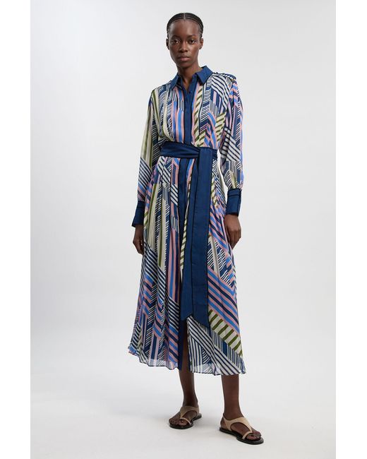 Karen Millen Blue Petite Geo Printed Viscose Georgette Woven Maxi Shirt Dress